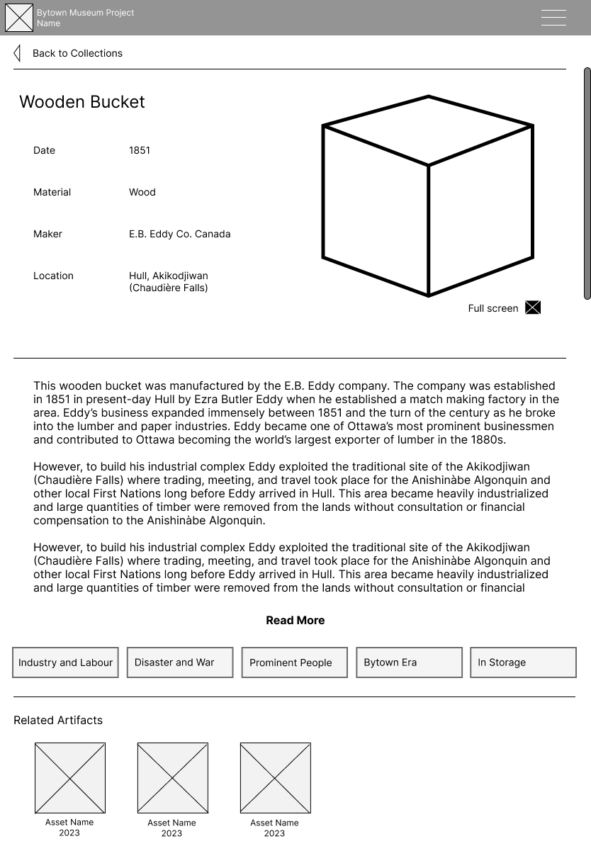 Wireframe for the tablet version of the artefact page, version 1