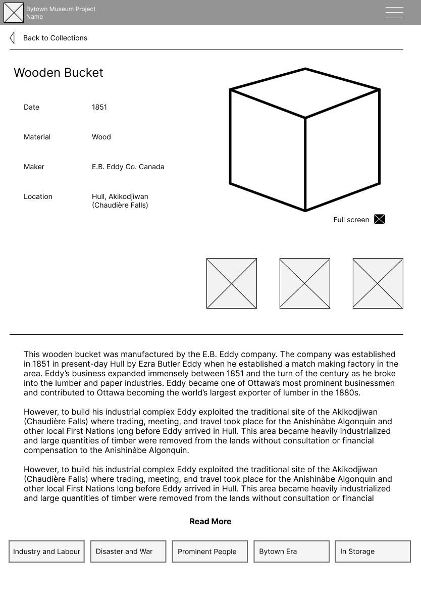 Wireframe for the tablet version of the artefact page, version 2