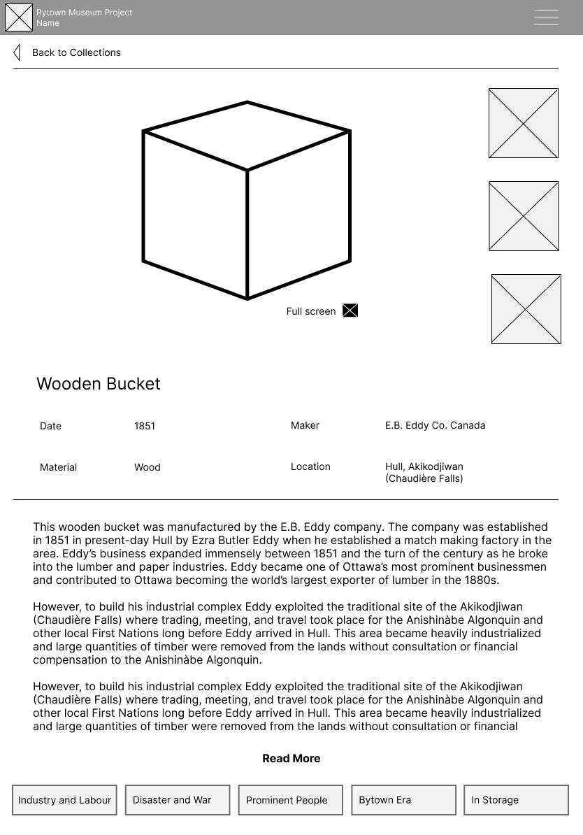 Wireframe for the tablet version of the artefact page, version 3