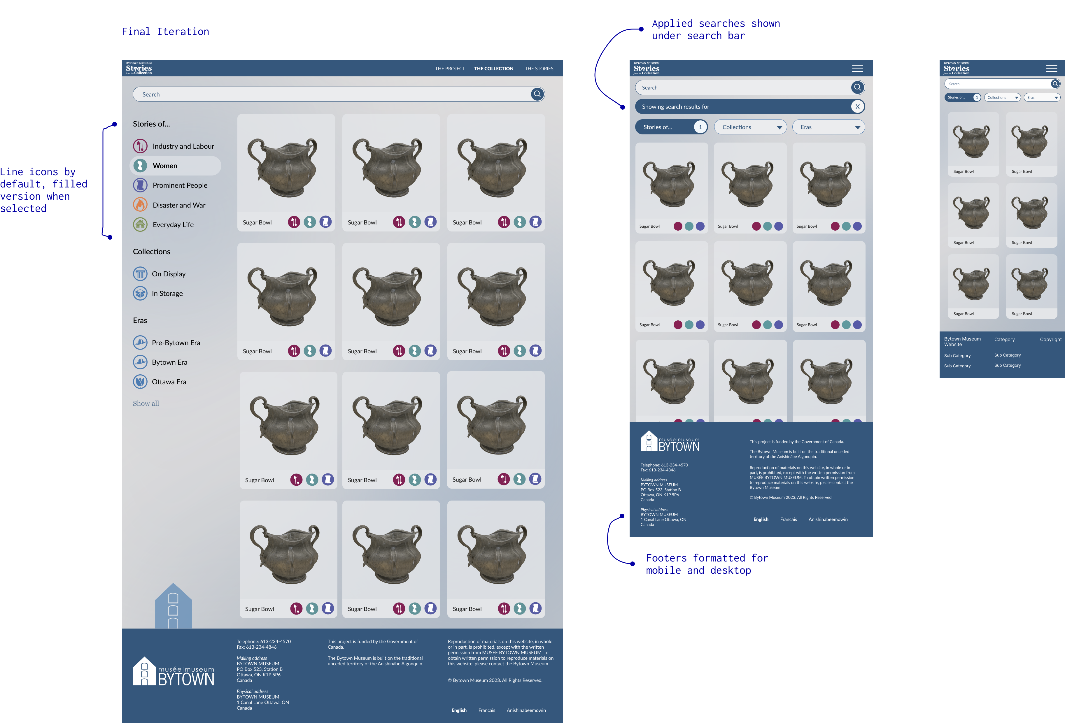 Annotated mockups of the final collection page design on different devices.