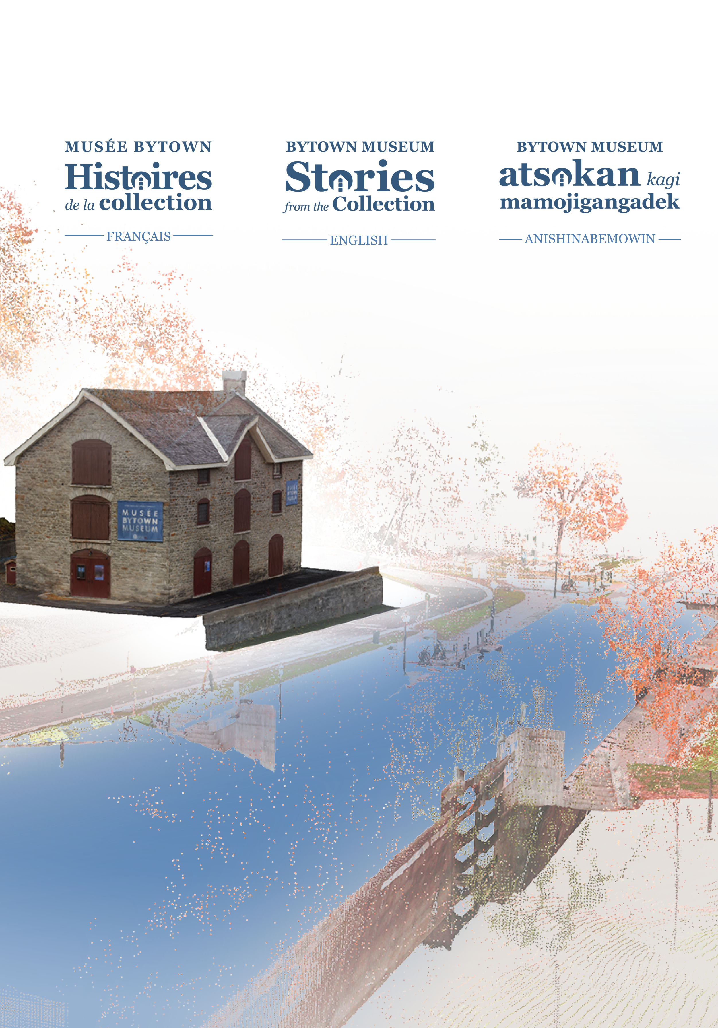 Screenshot of the landing page of the Bytown Stories project, showing the museum building and the title 'Stories from the Collection' in three languages.
