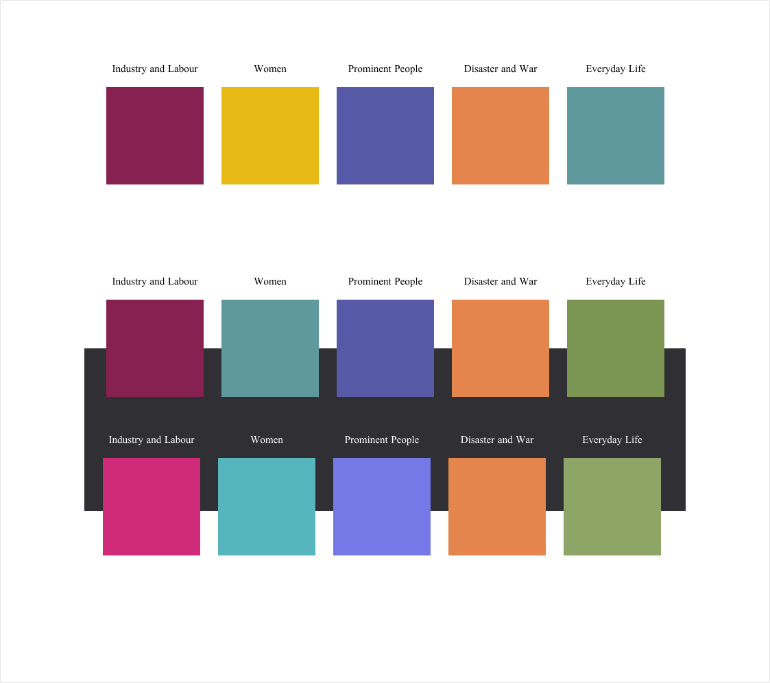 Colours palette against light and dark backgrounds