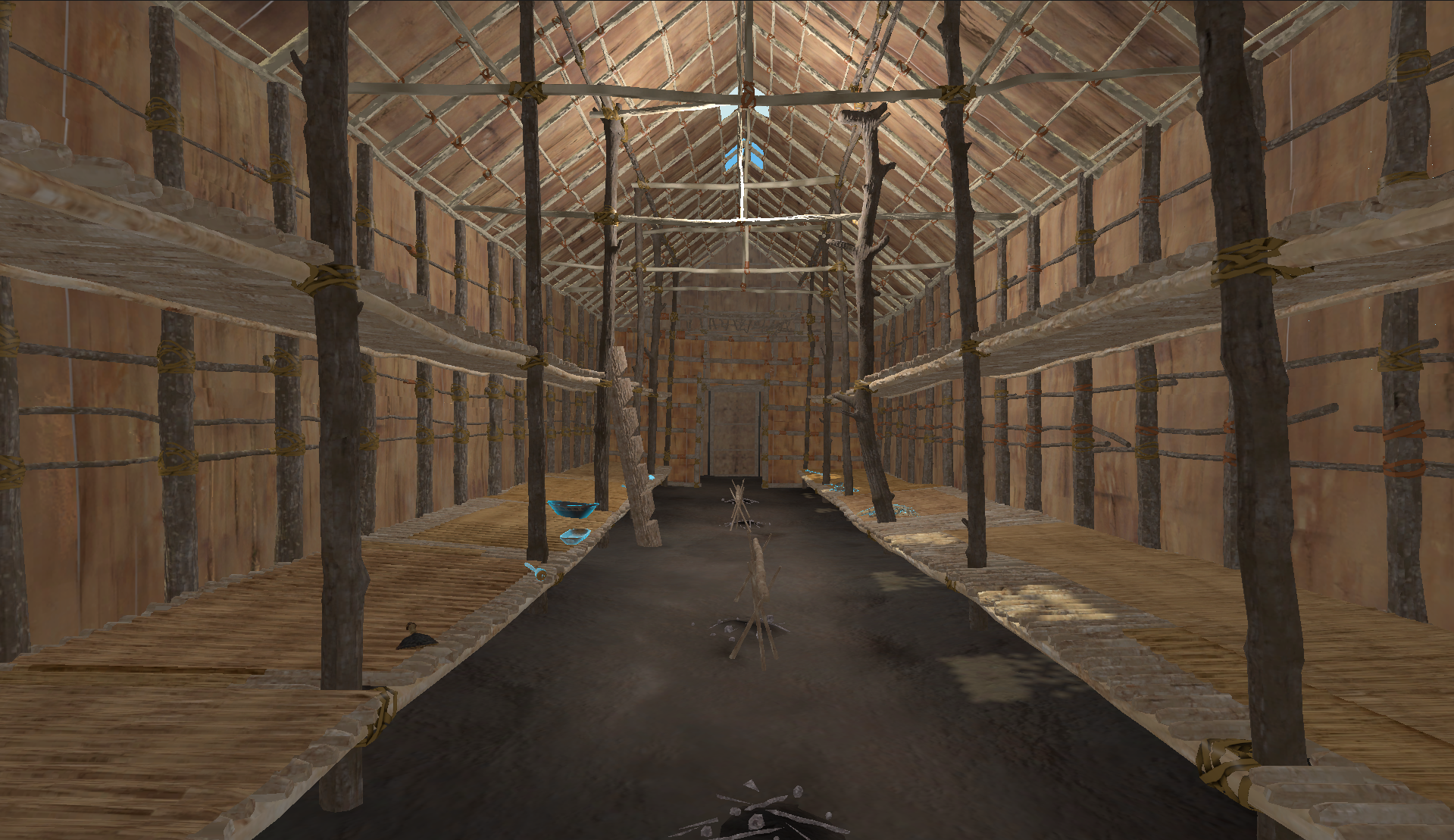 Screenshot of 3D experience showing the interior of a longhouse.