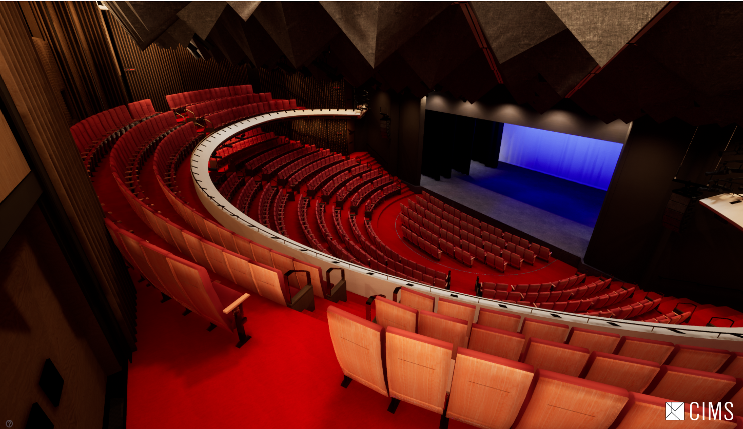 Screenshot of 3D experience showing a theatre from the upper level.