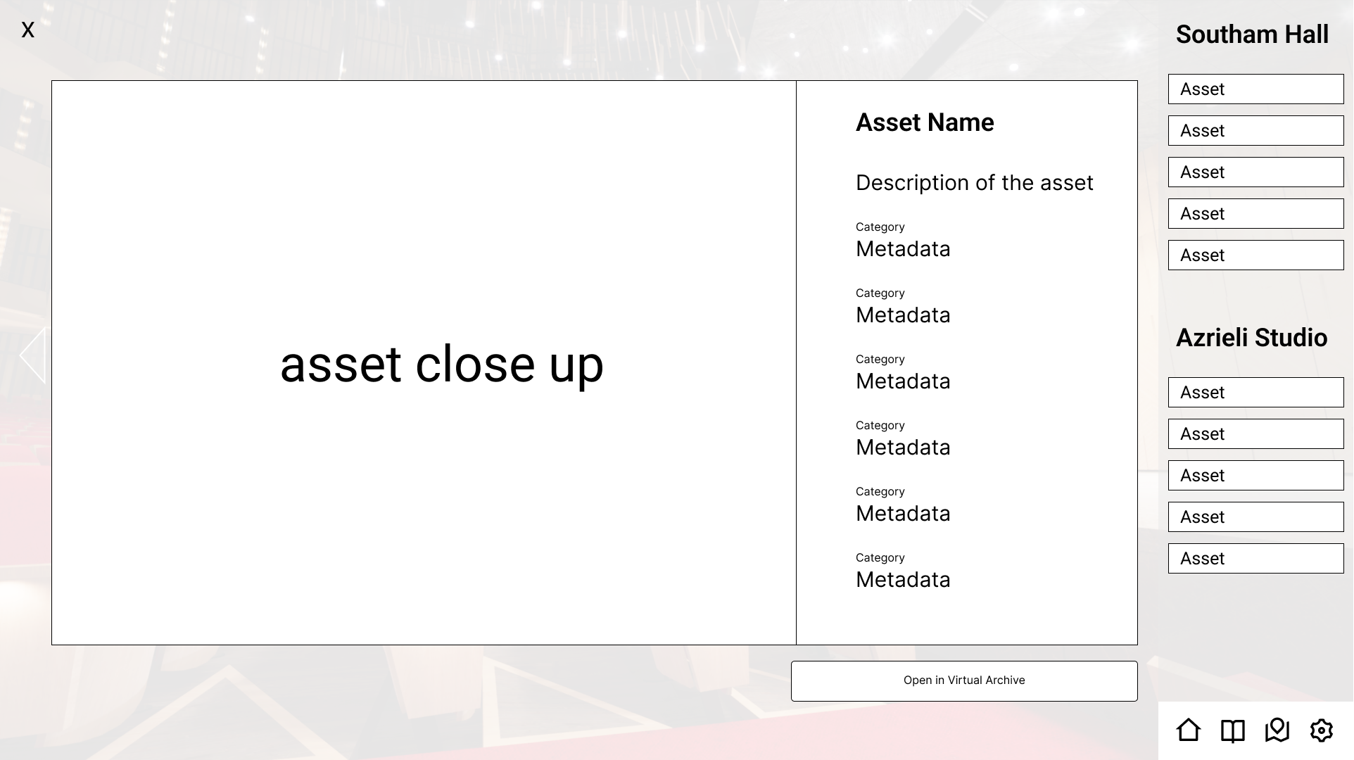 Wireframes of an alternate asset close-up window.
