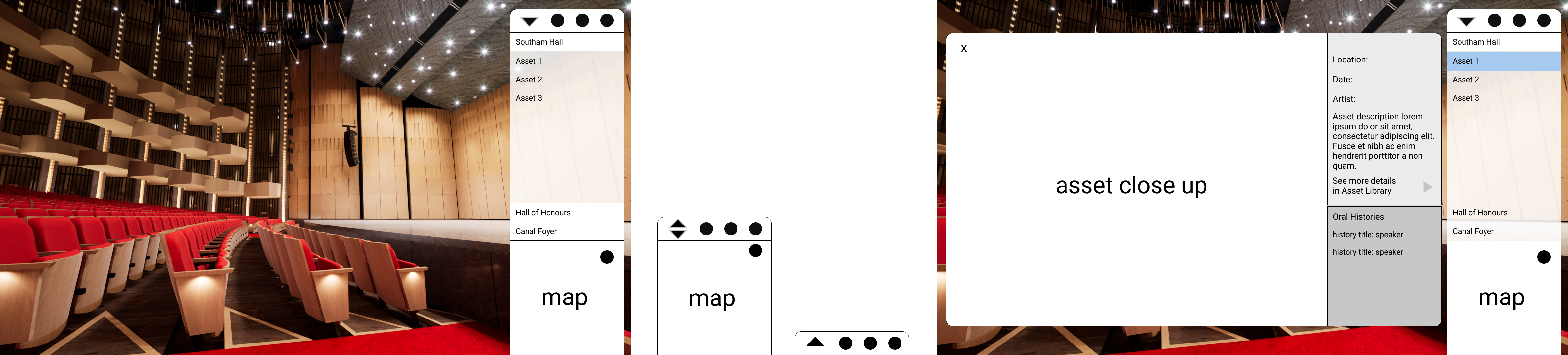 Wireframes of a right-side menu with an asset close-up window in the centre.